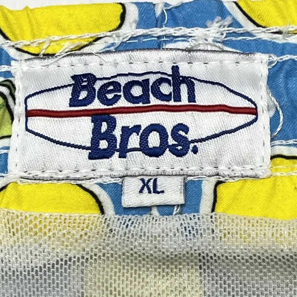 Beach Bros Swim Trunks Mens XL Blue Lemon &‎ Lime Print Bathing Suit Mesh Lined